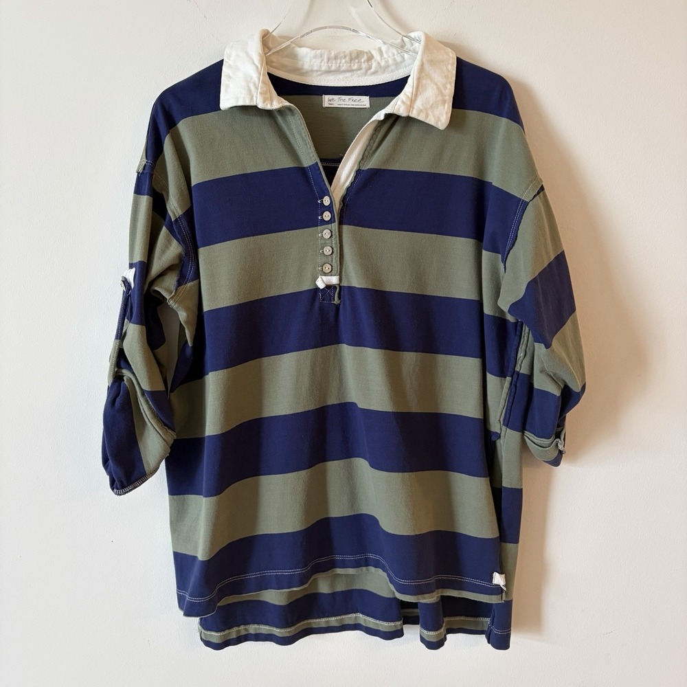 Free People We The Free Peyton Rugby Shirt Stripe Blue Green Ovwrsized Sz Small